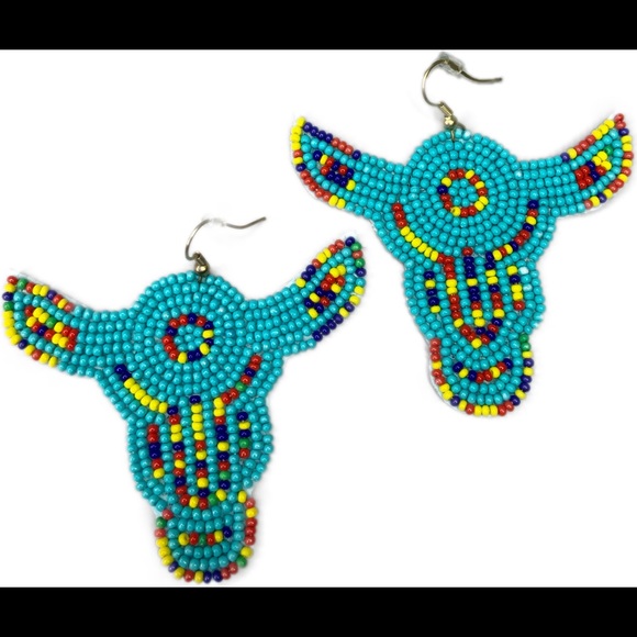 Steer Earrings Turquoise Western Beaded Cow Bull - Picture 4 of 7